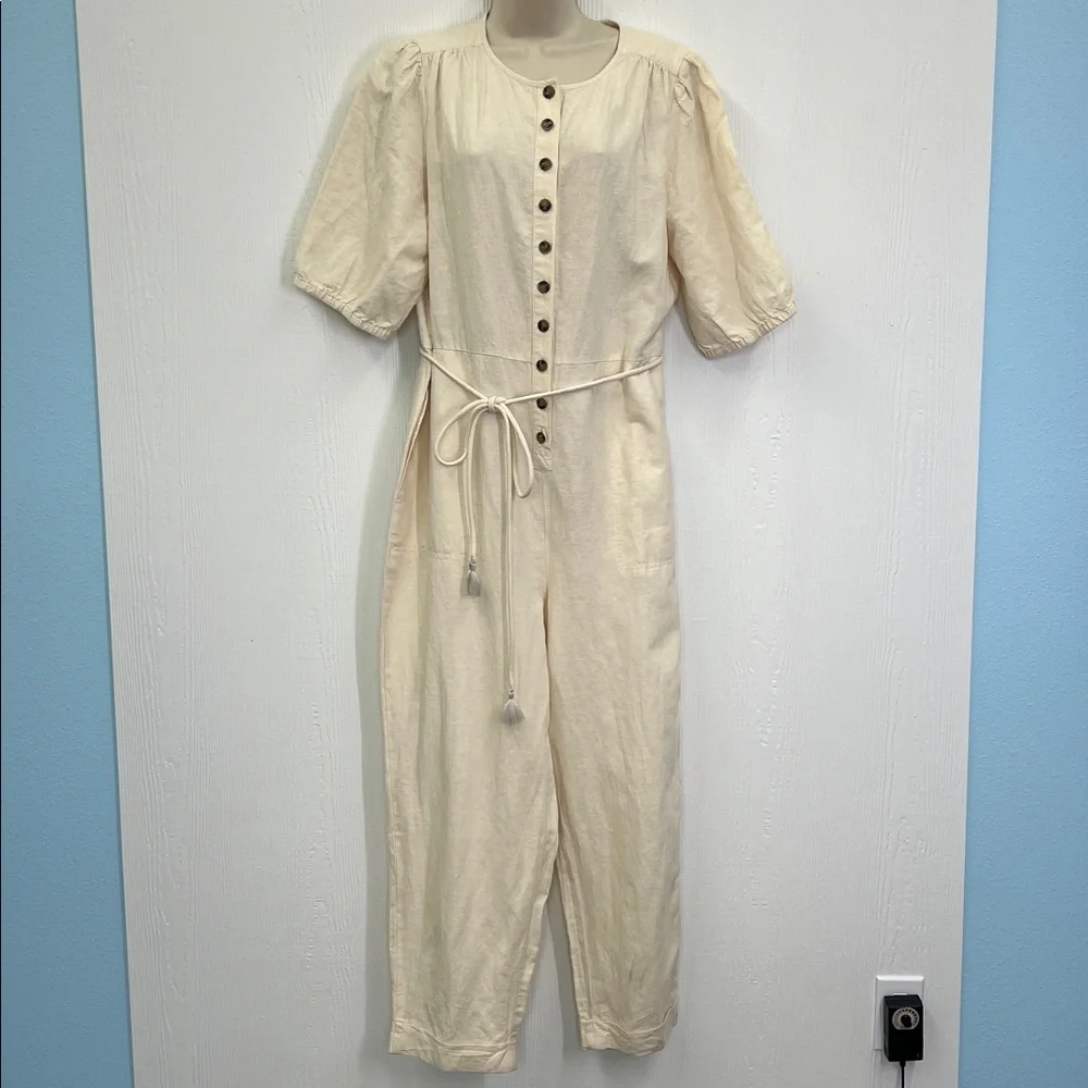 Madewell - Linen Blend Button Down Ivory Puff Short Sleeve Jumpsuit Size XL